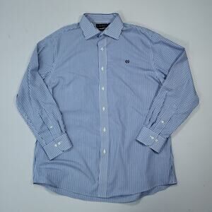Ralph Lauren Button Down Shirt Crest Blue White Stripe Slim Fit Non Iron Sz 17.5